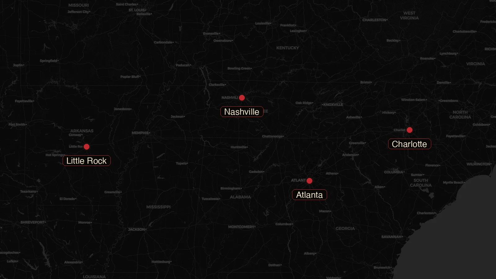 Map of the southeastern United States showing Atlanta, Charlotte, Nashville, and Little Rock.