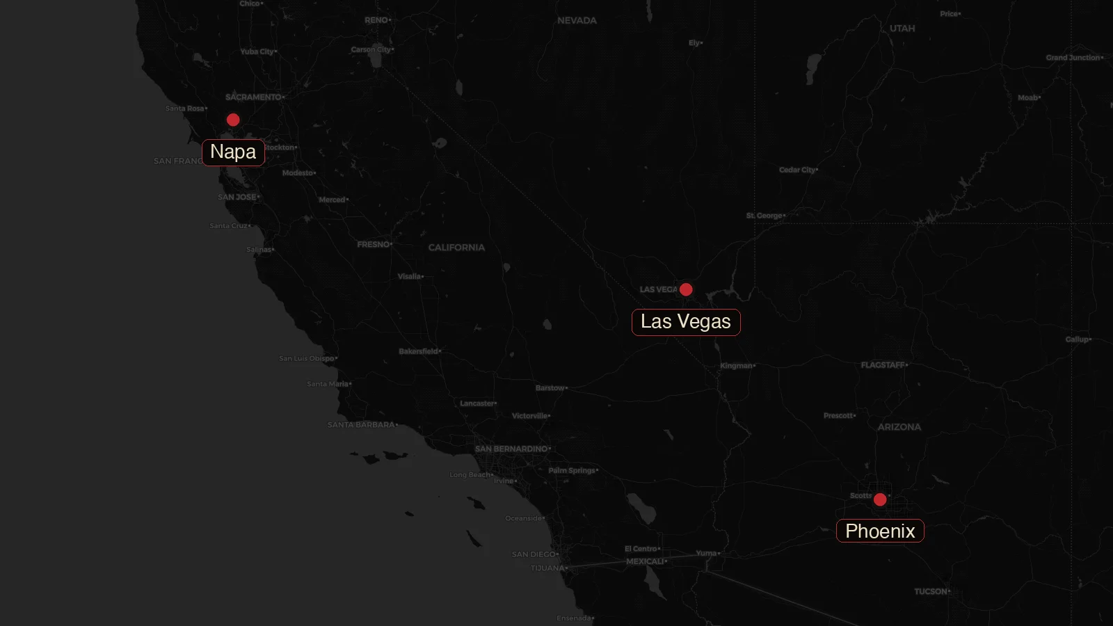 Map of the western United States showing Phoenix, Las Vegas, and Napa.
